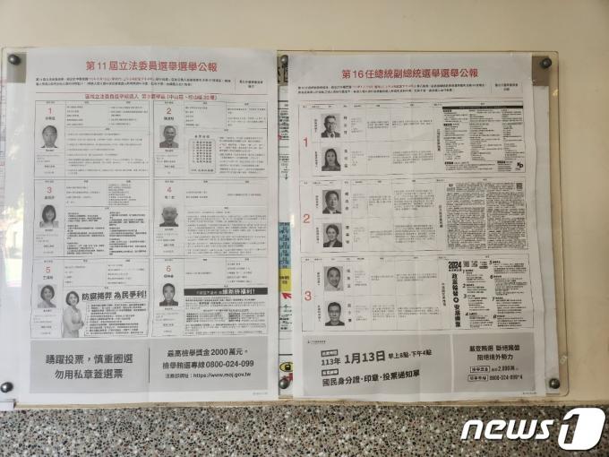 13일(현지시간)  대만 타이베이  중산국립학교의 한 투표소에서 게재된 총통·부총통 후보 포스터.  ⓒ News1 정윤영기자