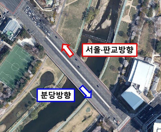 성남 수내교 서울·판교(동쪽) 방향, 분당 방향(서쪽) 표시도. / 사진제공=성남시