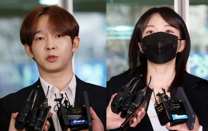 마약 투약 혐의를 받는 가수 남태현(왼쪽)과 방송인 서민재가 18일 오전 서울 마포구 서울서부지방법원에서 열린 선고 공판에서 집행유예 선고를 받았다. /사진=뉴시스