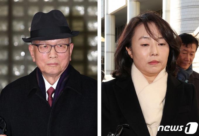 김기춘 전 실장과 조윤선 전 수석이 24일 박근혜 정부 '문화계 블랙리스트' 사건 파기환송심에서 각각 징역 2년, 징역 1년 2개월을 선고받은 뒤 서울고법을 나서고 있다. 2024.1.24/뉴스1 ⓒ News1 장수영 기자