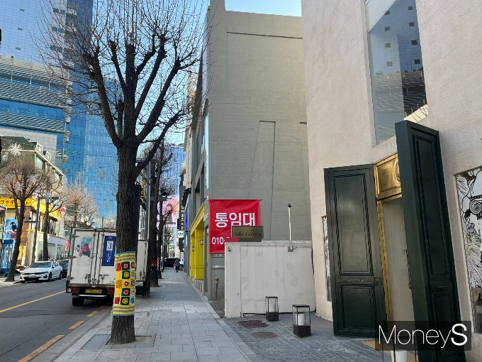 서울 강남구 신사동 '가로수길' 상권이 침체됐다. 지난 25일 서울 가로수길 한 건물에 '통임대' 안내가 붙어있다. /사진=박재이 기자