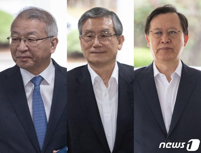 양승태 전 대법원장(왼쪽부터), 고영한 전 대법관, 박병대 전 대법관이 4일 서울 서초구 중앙지법에서 열린 직권남용권리행사방해 등 공판에 출석하고 있다. 2019.9.4/뉴스1 ⓒ News1 유승관 기자