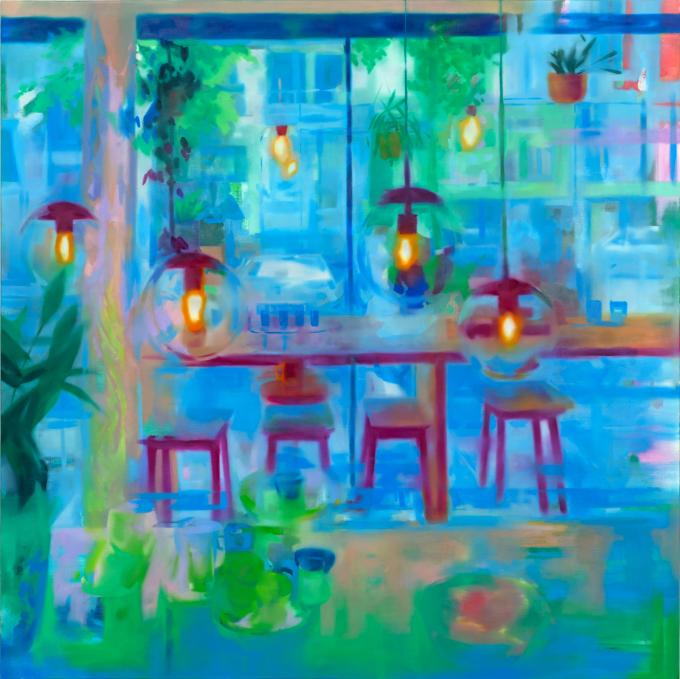구유빈,Magenta in the cafe, OIl on canvas 130.3 x 130.3cm, 2023. PPP 제공.