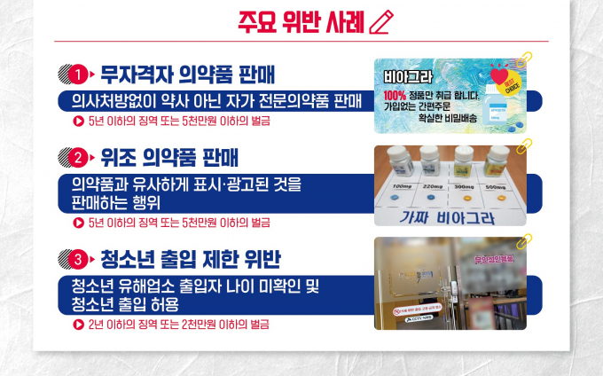 경기도 특별사법경찰단이 2월 1일부터 23일까지 도내 성인용품점, 온라인 판매사이트를 대상으로 불법행위를 집중 수사한다고 30일 밝혔다. 사진은 성인용품점 불법행위 수사 그래픽. / 자료제공=경기도