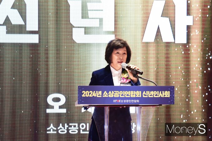 소상공인연합회가 정부, 국회, 기업 관계자 및 소상공인들과 함께 신년 인사회에서 올해 계획을 밝혔다. 신년 인사회에서 오세희 소상인연합회 회장이 신년사를 하고 있다. /사진=임한별 기자