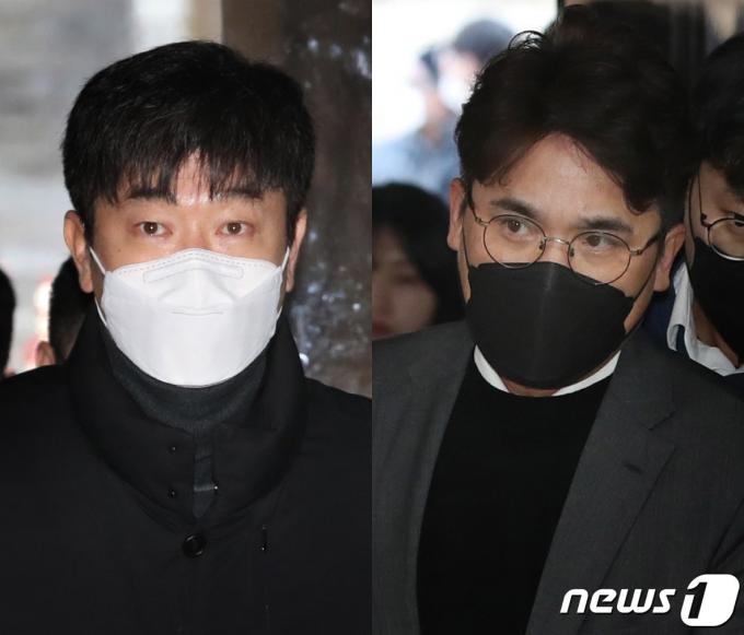 후원 업체로부터 뒷돈을 받은 혐의를 받는 프로야구 기아 타이거즈의 김종국 전 감독(왼쪽)과 장정석 전 단장이 30일 오전 서울 서초동 서울중앙지방법원에서 열린 구속 전 피의자 심문(영장실질심사)에 출석하고 있다. 2024.1.30/뉴스1 ⓒ News1 이광호 기자