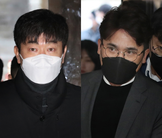  후원업체로부터 뒷돈을 받은 혐의를 받고 있는 프로야구 기아 타이거즈 김종국 전 감독과 장정석 전 단장에 대한 구속영장 청구가 기각됐다. 사진은 지난 30일 김 전 감독(왼쪽)과 장 전 단장이 오전 서울 서초동 서울중앙지방법원에서 열린 구속 전 피의자 심문(영장실질심사)에 출석하는 모습. /사진=뉴스1