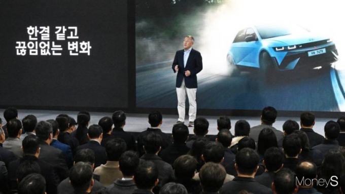 현대차가 지난해 호실적을 발표한 영향으로 5% 상승세다. 사진은 지난달 3일 현대자동차 그룹 2024년 신년회에서 신년사를 하는 정의선 현대자동차그룹 회장. /사진=임한별 기자