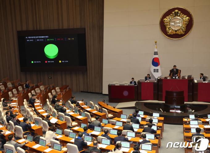 1일 서울 여의도 국회 본회의장에서 열린 제412회국회(임시회) 제2차 본회의에서 자동차 번호판 봉인제도 폐지를 골자로 하는 '자동차관리법 개정안' 이 통과되고 있다. 2024.2.1/뉴스1 ⓒ News1 송원영 기자