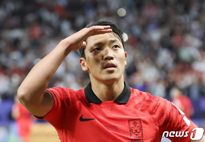 대한민국 황희찬이 2일(현지시간) 카타르 알와크라 알자누브 스타디움에서 열린 2023 아시아축구연맹(AFC) 카타르 아시안컵 8강전 호주와 대한민국의 경기에서 페널티킥으로 동점을 만든 후 세리머니를 하고 있다. 2024.2.3/뉴스1 ⓒ News1 김성진 기자