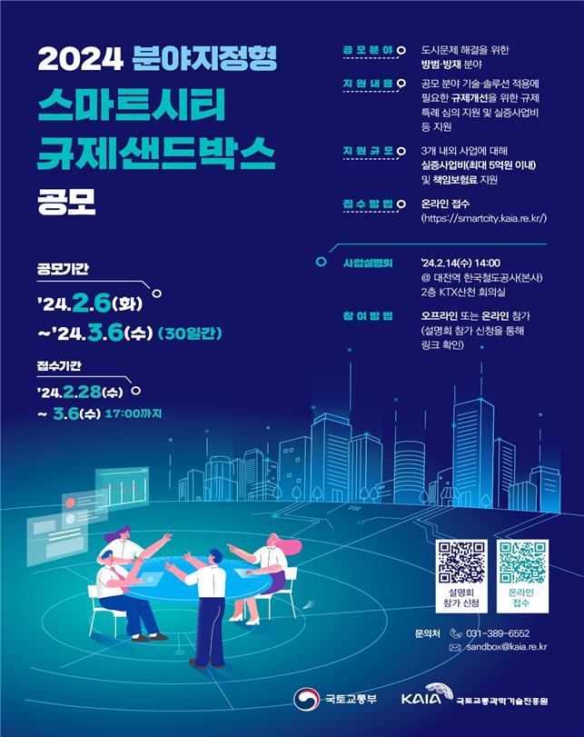 국토교통부는 다양한 스마트도시 기술·서비스의 규제 완화를 지원하기 위해 규제샌드박스 활용이 부족한 분야를 발굴하는 분야지정형 규제샌드박스 공모를 신설한다. /자료 제공=국토교통부