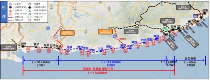 국가철도공단 영남본부가 포항-삼척 철도와 동해선(포항-동해) 전철화 사업의 전 구간 개통에 대비해 영덕-삼척 구간의 전력 공급을 개시했다. 오는 4월 철도운영자와의 시설물검증을 마치고 올해 내 개통하는 것이 목표다./사진제공=국가철도공단