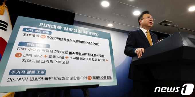 조규홍 보건복지부 장관이 지난 6일 서울 종로구 정부서울청사에서 의과대학 입학정원 확대 방안에 대해 발표하고 있다. /뉴스1 ⓒ News1 박지혜 기자