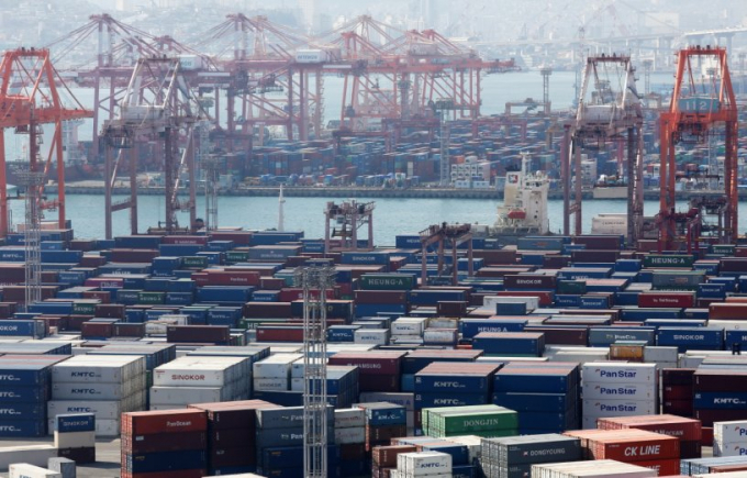 부산항 신선대부두와 감만부두 야적장에 컨테이너가 가득 쌓여있는 모습. / 사진=뉴스1