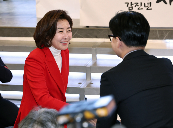 7일 오전 나경원 전 의원(국민의힘)이 더불어민주당의 준연동형 비례대표제 결정을 비판했다. 사진은 지난 17일 서울 마포구 케이터틀에서 열린 국민의힘 서울시당 신년인사회에서 한동훈 국민의힘 비상대책위원장과 인사를 나누는 나 전 의원. /사진=뉴스1