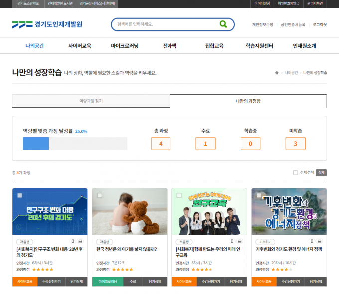 경기도인재개발원이 도와 시군 및 공공기관 직원 9만여 명을 대상으로 개인별 역할과 상황 중심으로 필요한 과정을 학습할 수 있는 새로운 방식의 온라인 교육 '人러닝' 4750개 과정을 2월부터 운영 중이다. / 사진=인재개발원 홈페이지 ‘나만의 성장학습’ 화면 캡처