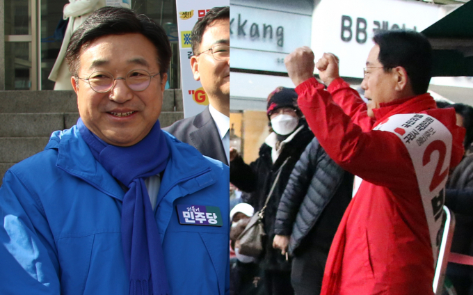 별내선 원조 공방을 벌이고 있는 구리시 더불어민주당 윤호중(좌측)예비후보와 국민의힘 박영순 예비후보. /사진=이건구 기자