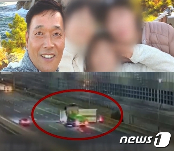 초등생 딸 졸업식 참석을 위해 연장근무를 마치고 새벽 집으로 돌아가던 곽모씨가 쓰러진 화물차를 발견, 운전석에서 운전자를 꺼내기 위해 애를 쓰던 순간, 사고상황을 인지하지 못한 16톤 컨테이너 차량이 화물차를 들이받는 바람에 참변을 당했다. (jtbc 갈무리) ⓒ 뉴스1