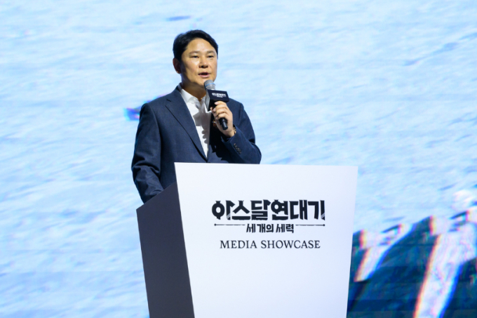 권영식 대표가 15일 아스달연대기 미디어 쇼케이스에서 환영사를 하고 있다. /사진=넷마블