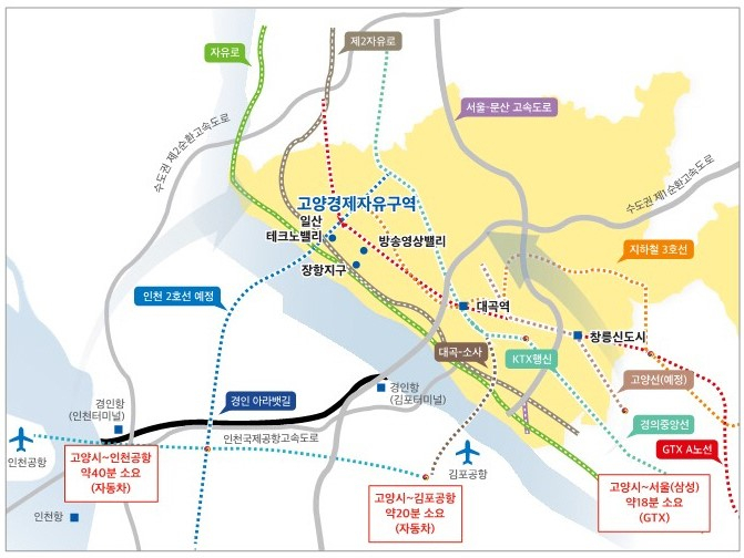고양특례시가 핵심과제로 추진하고 있는 경제자유구역 최종지정을 위해 개발계획 수립을 오는 4월 마무리하고 상반기 산업통상자원부에 추가지정 신청을 완료할 전망이다. 사진은 고양경제자유구역 입지환경. / 자료제공=고양특례시