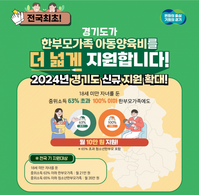 경기도가 3월부터 한부모가족 아동양육비 지급 대상을 전국 최초로 중위소득 63%에서 100%로 확대한다. 자료는 홍보물. / 자료제공=경기도