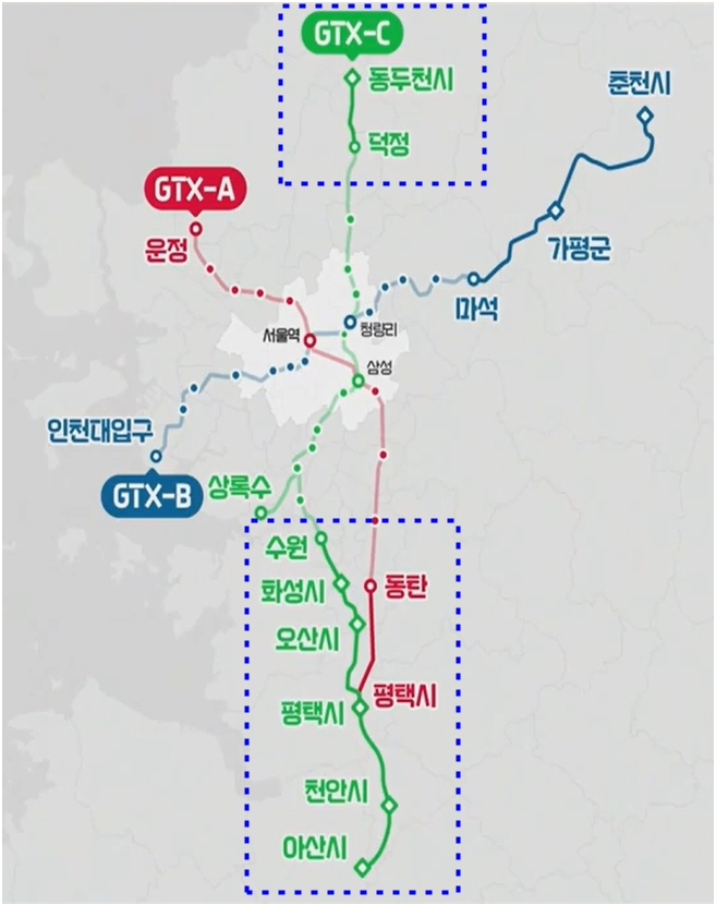 경기도가 수도권 광역급행철도(GTX) A노선(운정~동탄)을 평택까지, GTX C노선(덕정~수원)을 동두천, 충남 아산까지 연장하기 위해 국토부 및 7개 지방자치단체와 적극 협력하기로 했다. 자료는 GTX A.C노선 연장 노선도(국토교통부 발표자료 참조). / 자료제공=경기도