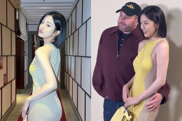 밀라노 패션쇼에 참석한 '아이즈원' 안유진을 상대로 한 패션 디자이너가 과한 스킨십을 해 논란이 일고 있다. /사진= 안유진 공식 인스타그램, i-D 공식트위터