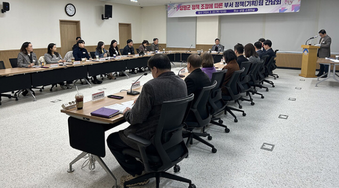 전진선 양평군수가 22일 양평군청 소회의실에서 15개 부서 17개 정책·기획팀장이 참석한 가운데 군정 협업을 위한 간담회를 개최하고 있다. / 사진제공=양평군