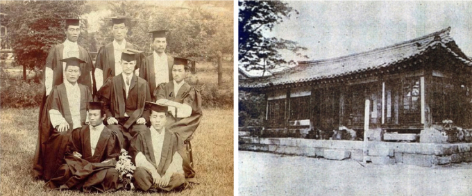  1908년 세브란스병원 의학교 졸업식에서 (왼쪽부터) 김필순·홍석후·신창희·박서양·주현칙·김희영·홍종은 의사가 사진촬영을 하고 있다. 오른쪽은 제중원 사진이다. /사진=세브란스