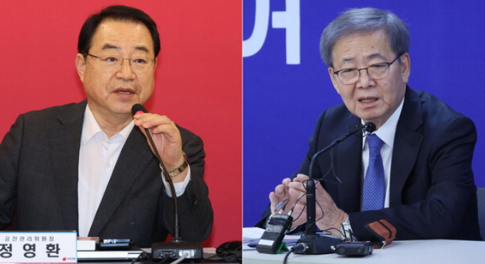 정영환 국민의힘 공천관리위원장이 25일 서울 여의도 당사에서 19개 지역구를 대상으로 실시한 1차 경선 결과를 발표하고 있다(왼쪽). 임혁백 더불어민주당 공천관리위원장이 여의도 당사에서 서울·경기 등 21개 지역구 가운데 17곳의 단수공천자 명단을 공개하고 있다. / 사진=머니S DB