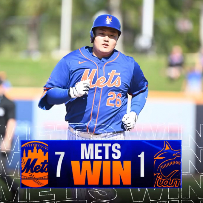 뉴욕 메츠 소속 최지만이 28일(한국시각) 열린 마이애미 말린스와의 시범경기에서 홈런포를 가동하며 팀 승리에 일조했다. /사진=뉴욕 메츠 구단 공식 엑스(X·옛 트위터)