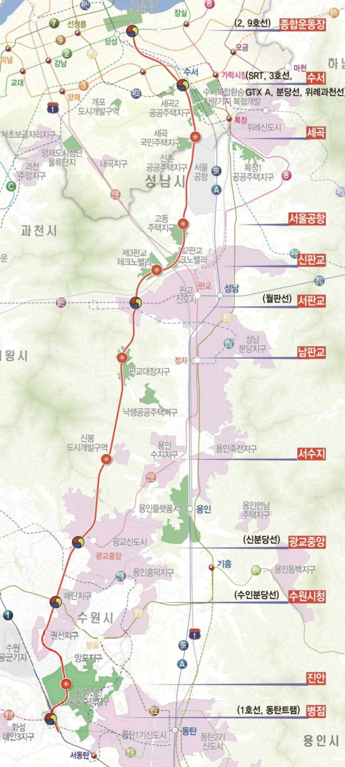 성남시는 작년부터 철도사업에 소요되는 재정을 안정적으로 마련하기 위해 철도기금을 매년 700억원 이상씩, 2026년까지 총 3000억원을 조성하고 있다. 사진은 성남-강남 복선전철 '가칭 신강남선' 노선도. / 사진제공=성남시
