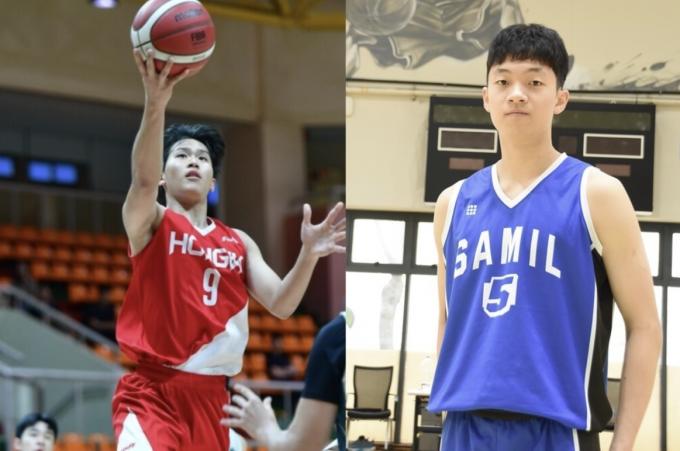 제24회 김현준 농구장학금 수상자로 선정된 홍대부고 손유찬(왼쪽)과 삼일고 김태균. (서울 삼성 제공)
