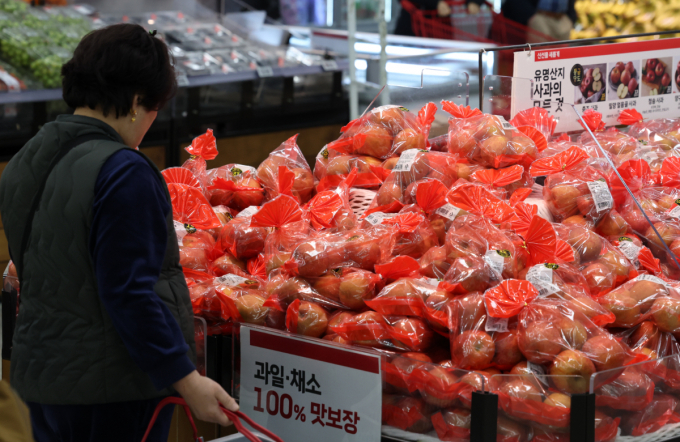 서울의 한 대형마트에서 소비자가 사과를 고르고 있다. /사진=뉴시스
