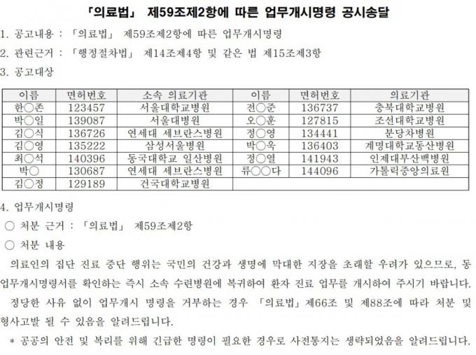 보건복지부 홈페이지에 게시된 업무개시명령 공시송달. /자료=보건복지부(뉴스1)