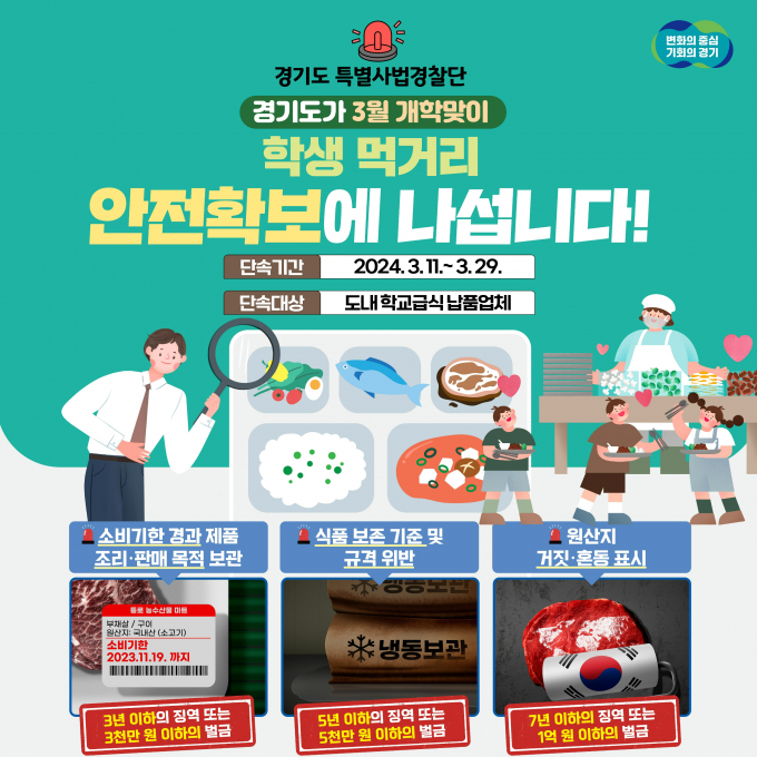 경기도 특별사법경찰단이 11일부터 29일까지 농·수산물, 축산물, 김치 등 학교급식 재료 납품업체를 대상으로 불법행위를 집중 단속한다. 자료는 관련 홍보물. / 자료제공=경기도