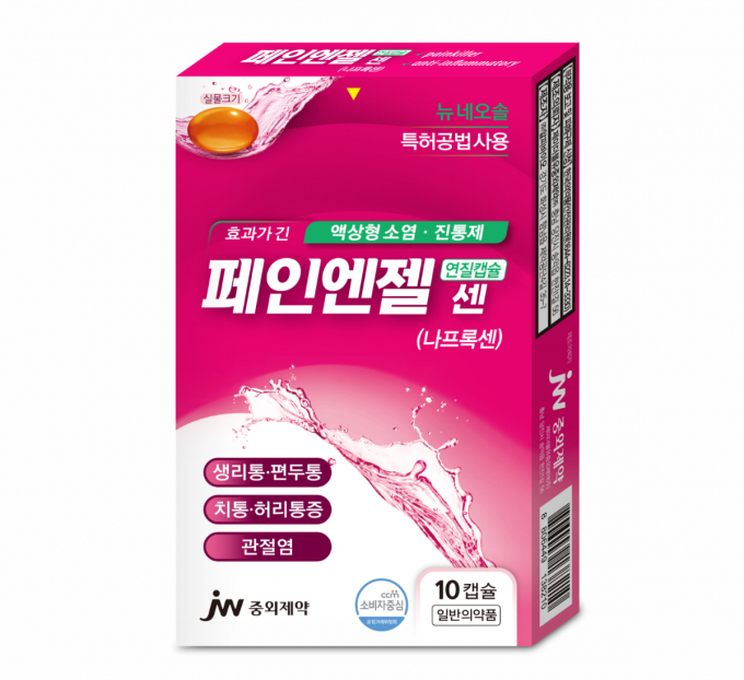 JW중외제약이 소염진통제 페인엔젤 센의 제형 크기를 축소한 리뉴얼 제품을 출시했다. 사진은 페인엔젤센. /사진=JW중외제역