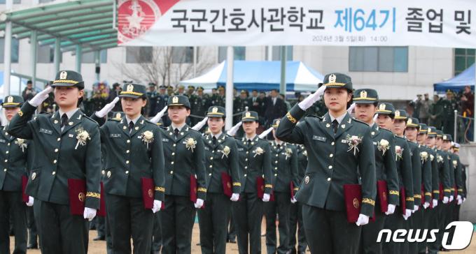 5일 대전 국군간호사관학교 연병장에서 열린 제64기 사관생도 졸업 및 임관식에서 졸업생도들이 거수경례를 하고 있다.(사진은 기사 내용과 무관함) / 뉴스1 ⓒ News1 2024.3.5/뉴스1 ⓒ News1 김기태 기자