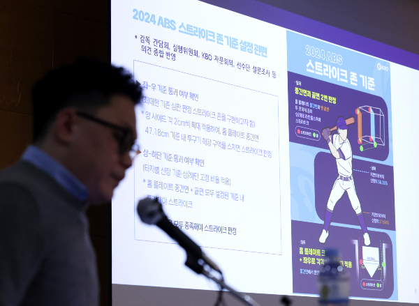 한국야구위원회(KBO)가 7일 자동 투구 판정 시스템(ABS)을 비롯해 새롭게 도입되는 규정을 설명했다. 사진은 서울 서초구 더케이호텔에서 열린 ‘2024 KBO 규정·규칙 변화 미디어 설명회’에서 ABS 스트라이크 존 기준을 설명하는 모습. /사진=뉴시스