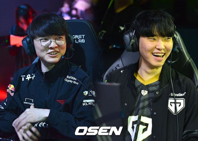 페이커의 소속팀 T1이 9일 오후 서울 종로 롤파크 LCK아레나에서 열리는 2024 LCK 스프링 스플릿 2라운드에서 젠지와 격돌한다. 사진은 국가대표 미드라이너 페이커(왼쪽), 쵸비(오른쪽)의 모습. /사진=OSEN