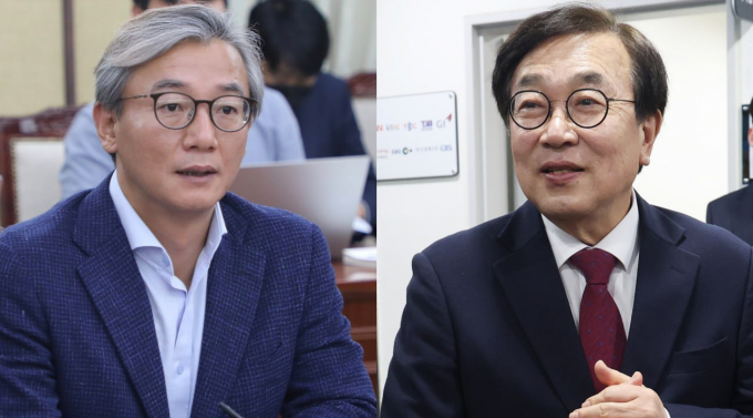 손꼽히는 격전지인 부산 북구갑 3선에 도전하는 전재수 더불어민주당 의원(왼쪽)의 지지율이 48%를 기록하면서 41%를 기록한 5선 중진 서병수 국민의힘 의원을 앞질렀다. /사진=뉴스1