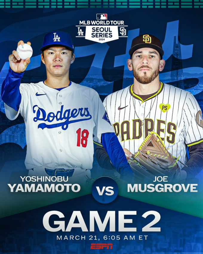 미국 프로야구 메이저리그(MLB) 서울시리즈 2차전 선발 투수로 나서는 야마모토 요시노부와 조 머스그로브. /사진=  MLB 공식 X 캡처