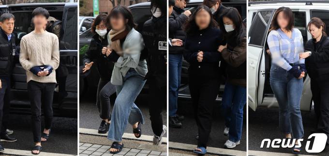 '이토 히로부미 발언'으로 논란을 일으킨 성일종 의원의 사퇴를 요구하며 국민의힘 중앙당사에 난입해 집회 및 시위에 관한 법률 위반 등 혐의를 받는 한국대학생진보연합(대진연) 회원 4명이 12일 오전 서울 양천구 서울남부지방법원에서 열리는 구속 전 피의자심문(영장실질심사)에 출석하고 있다.  2024.3.12/뉴스1 ⓒ News1 김진환 기자