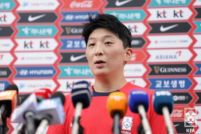 항저우 아시안게임 여자 축구 대표팀의 박은선이 18일 경기 파주시 축구국가대표트레이닝센터(NFC)에서 인터뷰를 하고 있다. (대한축구협회 제공) 2023.9.18/뉴스1