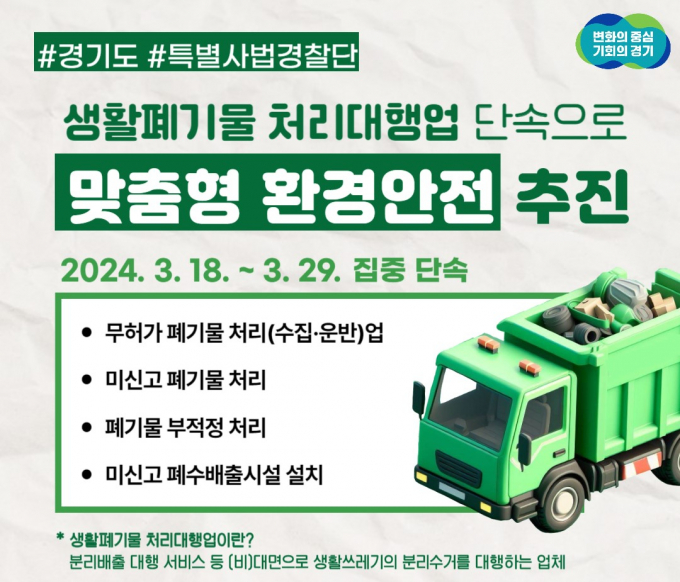 경기도 특별사법경찰단이 오는 18일부터 29일까지 2주간 신고 없이 폐기물을 처리하는 생활폐기물 분리수거 대행업체, 이사업체, 유품 정리 사업장을 집중 단속한다. 자료는 생활폐기물 맞춤형 환경안전 추진 홍보물. / 자료제공=경기특사경