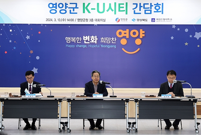 지난 13일 영양군청 대회의실에서 열린 'K-U시티 프로젝트 추진' 간담회에서 오도창 군수(왼쪽에서 두번째)가 발언하고 있다./사진제공=경북 영양군