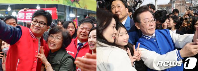 16일 경기도 일대 민심 공략에 나선 한동훈 국민의힘 비상대책위원장(왼쪽)과 이재명 더불어민주당 대표