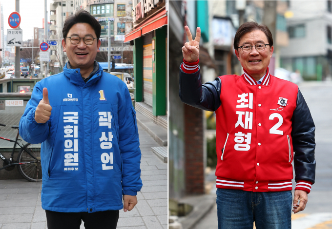 서울 종로 곽상언 더불어민주당 후보와 최재형 국민의힘 후보의 지지도 여론조사 결과 두 후보의 차이는 11%포인트의 오차범위 밖 격차가 났다. 사진은 곽 후보와 최 후보(왼쪽)가 지난 7일 각각 서울 종로구 동묘역과 창신역 인근에서 출근길 인사를 하는 모습. /사진=뉴시스