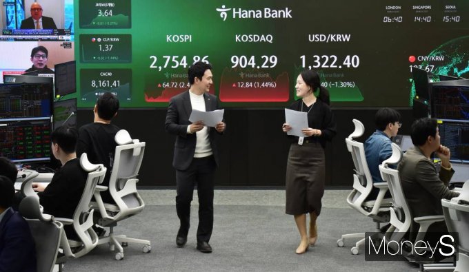 코스피가 미국 연방준비제도(Fed·연준)의 금리 인하 전망에 힘입어 2년만에 2750선을 돌파하며 장을 마감한 가운데 21일 서울 중구 하나은행 을지로 본점 내 새로 신축한 딜링룸인 '하나 인피티니 서울'(Hana Infinity Seoul)에서 직원들이 분주히 업무를 보고 있다. /사진=임한별 기자