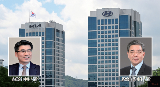 왼쪽부터 기아 송호성 사장, 현대차 장재훈 사장  /사진=현대차그룹, 그래픽=김은옥 기자